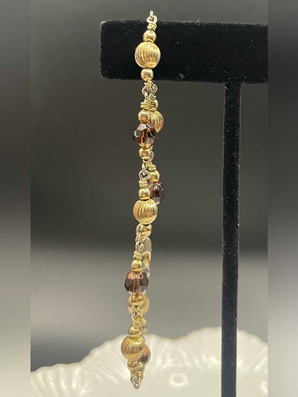 Vintage Gold tone Amber Brown Beaded Station Bracelet 7 1/2